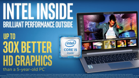 A laptop computer with intel core i 5 logo on the screen.