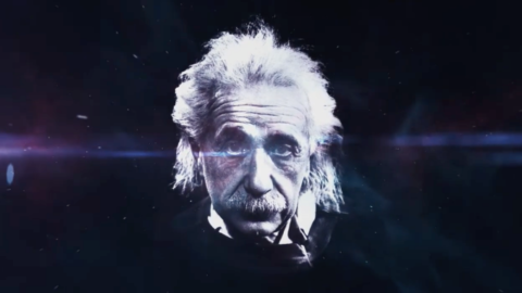 A picture of albert einstein with light shining through the image.