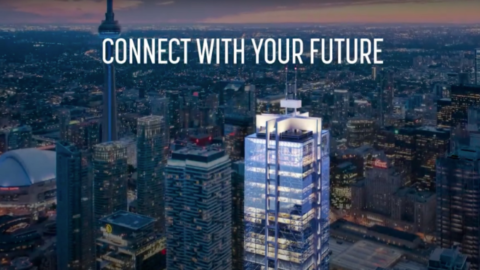 A picture of the city with text that says " connect with your future ".
