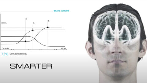 A man with a diagram of the brain and an image of water
