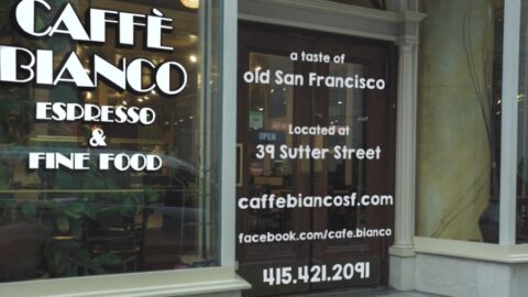 Exterior view of caffè bianco, advertising espresso and fine food, located at 39 sutter street in san francisco, with contact details displayed.