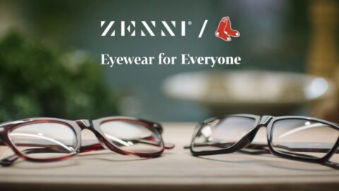 Three pairs of eyeglasses on a table with the text "zenni - eyewear for everyone" and a logo of a red high heel above the text.