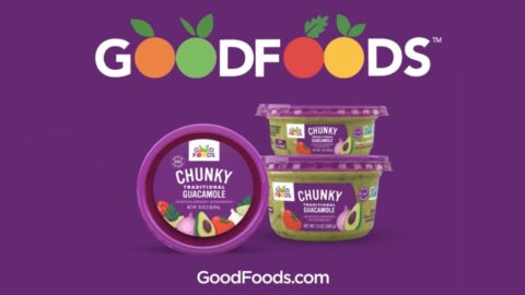 Good foods branded chunky traditional guacamole in various containers displayed against a purple background with a green logo above.