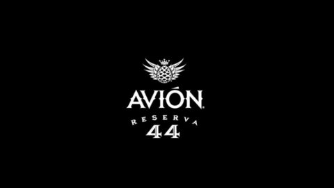 Logo of avión reserva 44 on a black background, featuring white stylized text and an emblem with an eagle and agave plant.
