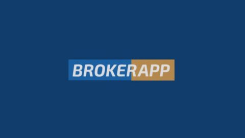 Logo of "brokerapp" in white text on a blue and tan rectangular background.