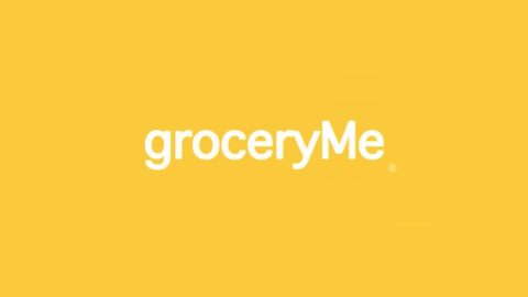 Logo of "groceryme" in lowercase letters, centered on a bright yellow background.